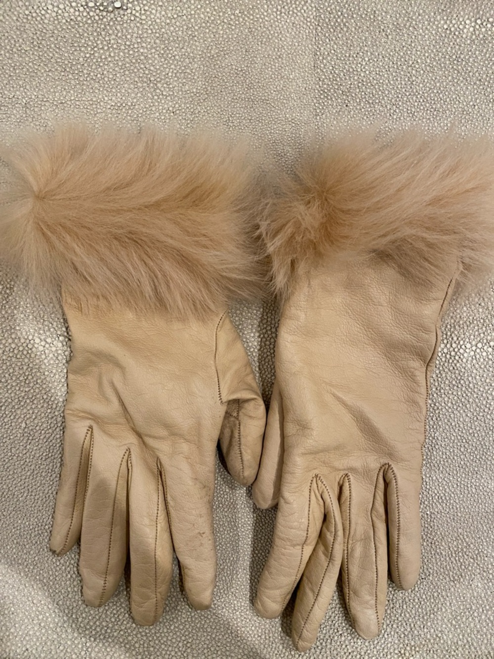 Leather Winter Gloves with Fur Cuff - Beige